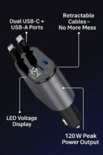 120W 4-in-1 retractable car charger with Type-C and iOS cables